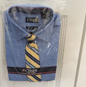 New With Tags Chaps Boy's Blue Dress Shirt with Yellow Striped Tie Size 10